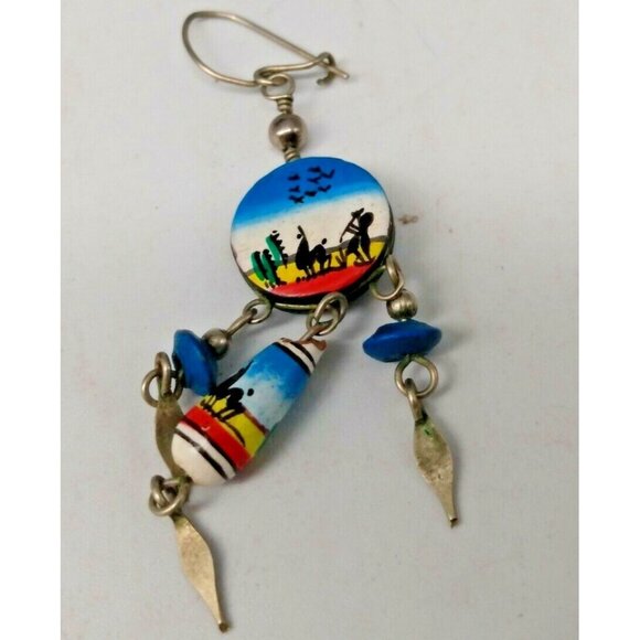 South Western Hand Painted Dangle Hook Earring set 2" x 3/4" - Picture 4 of 10